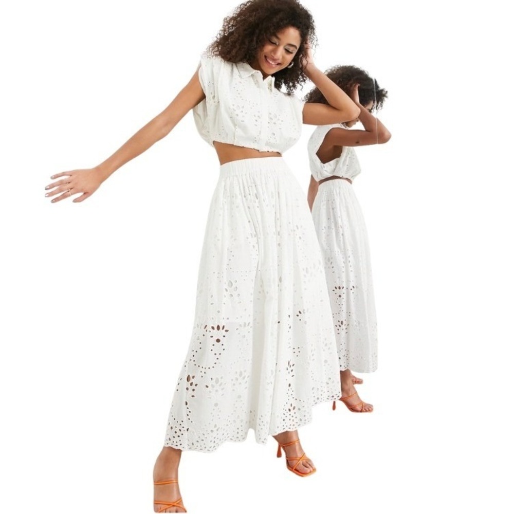 SOS‎ Edition White Eyelet Crop Top & Midi Skirt Set Sz 10/12 Cotton Coastal